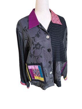 Faith By Celia Forrester Art-To-Wear Patchwork Shirt S Black Multicolor Floral